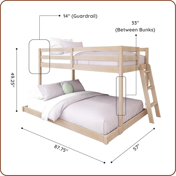 Grain & Grove Bear Twin Over Full Bunk Bed, Low Bunk Bed Frame for Kids, Bunk with Ladder, Guardrail and Slats, No Box Spring Required, Oak Embossed Natural
