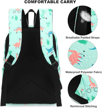 Dinosaur Girls Backpack for School, Kids Elementary School Bag Teens Middle Bookbag Set with Lunch Box Pencil Case (Green)
