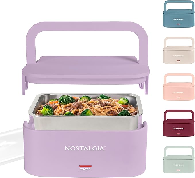 Nostalgia Portable Heated Lunch Box – 4-Cup Stainless Steel Food Warmer – Detachable Cord, Leak-Proof Lid, Carry Handle – Portable for Work & Travel – Lavender