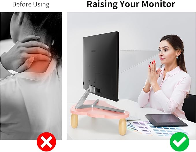 Monitor Stand Riser,Cloud-Shaped Sturdy Wood Computer Monitor Riser Wirh Drawer, Monitor Stand Riser, Multi-Purpose Desktop Organizer Riser for Computer,Laptop,Printer,TV,Pink