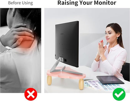 Monitor Stand Riser,Cloud-Shaped Sturdy Wood Computer Monitor Riser Wirh Drawer, Monitor Stand Riser, Multi-Purpose Desktop Organizer Riser for Computer,Laptop,Printer,TV,Pink