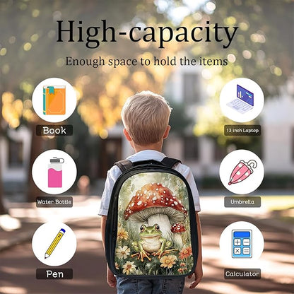Mushroom Frog Backpack Set 3 Piece School Bags and Lunch Box with Pencil Case Green Cute Frogs Mushrooms Bookbag Set for Toddler Kids Girls Boys Teens Kindergarten Elementary Middle