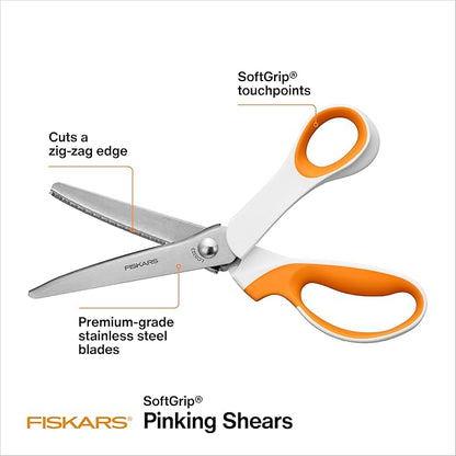 Fiskars Pinking Shears, Gifts for Mom, Fabric Scissors with Ergonomic Handle,Zig Zag Edge and Stainless Steel Blades, Orange/White