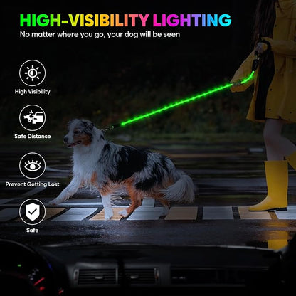 YFbrite Waterproof Light up Dog Leash with 15 Flashing Modes - Super Bright LED Dog Leash for Small Medium Large Dogs - Type-c Rechargeable Dogs Leashes Light (Multi-Color, 6FT (180cm))