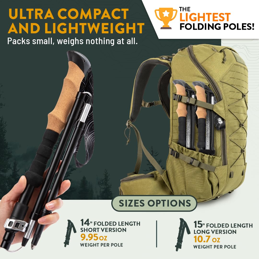 Premium Foldable Hiking Poles by USA Brand - Adjustable, Lightweight Trekking Poles Made of Aircraft Aluminum, Metal Locks Cork EVA Grips (Cork - Black, 100-120 cm for Height: 5'9" and Smaller)