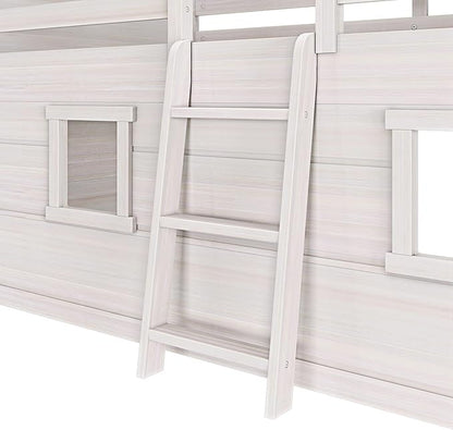 Max & Lily Modern Farmhouse Twin Low Loft Bed with Two Windows - Solid Wood, 15” Guardrails, 400-lb Capacity, Low-VOC Finish, White Wash