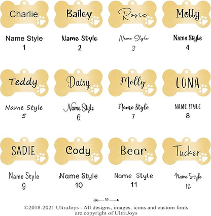 Ultra Joys Dog Tags Personalized for Pets - Hollow Paw Custom Pet ID Tag - Engraved Dog Tag for Small, Large Dogs - Small Bone in Gold