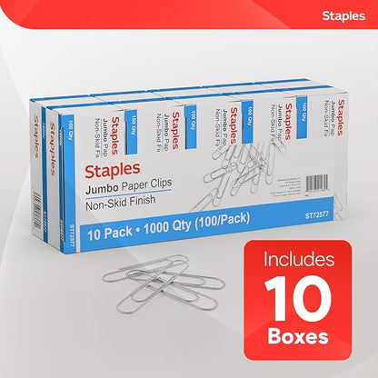 Staples Jumbo Paper Clips, Silver, Non‑Skid, 1,000 Pack – Heavy‑Duty Clips for Thick Documents & Office Filing