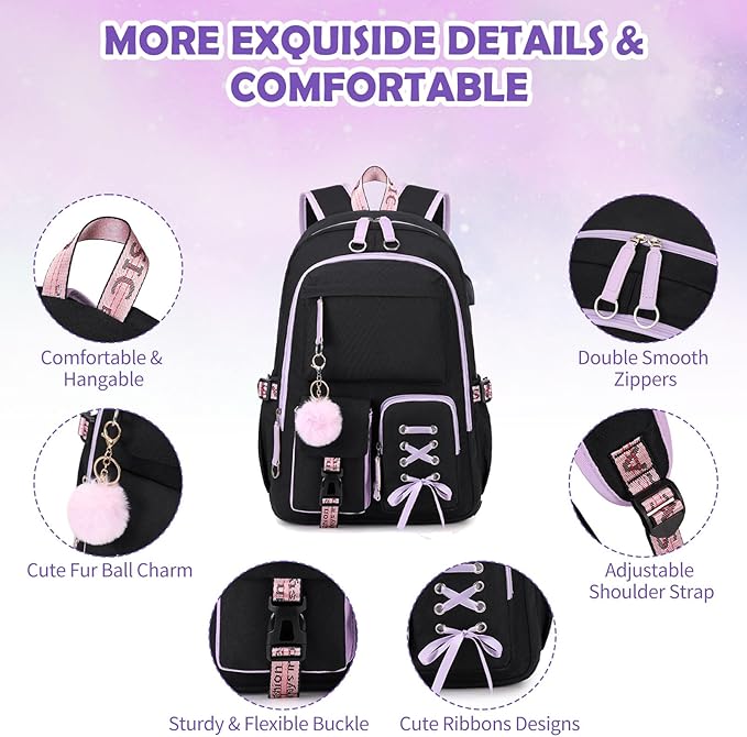 Backpacks for Girls, Girls Backpack with Lunch Box and Pencil Case for Teen Kids Elementary Middle High School College Student, Children Backpack Bookbag with USB Charging Port (Black Purple)