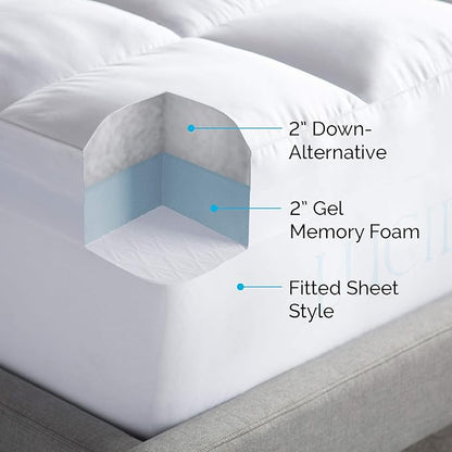 LUCID 4 Inch Down Alternative and Gel Memory Foam Mattress Topper - Three Toppers In One - King , White