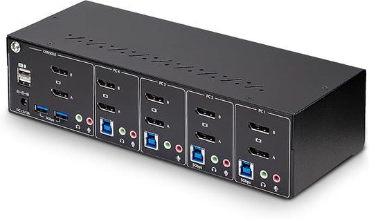 StarTech.com 4-Port Dual-Monitor DisplayPort KVM Switch, 4K 60Hz, 2X USB 5Gbps Hub Ports, 2X USB 2.0 HID Ports, Hotkey and Push-Button Switching, TAA Compliant (P4DD46A2-KVM-SWITCH)
