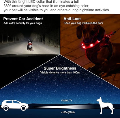 CHUKCHI LED Dog Collar Rechargeable,Waterproof Flashing Collar,Light Up Glow Collar, Adjustable Soft Safety Light Up for Small Medium Large Dogs Walking Camping at Night (Red-M)