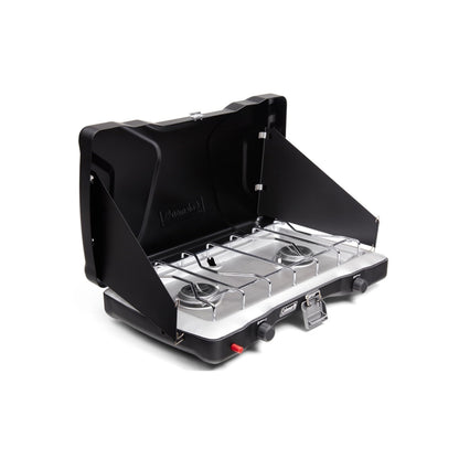 Coleman Triton+ 2-Burner Propane Camping Stove with InstaStart Ignition, Portable Camping Cooktop with 2 Adjustable Burners & Wind Guards, 22,000 BTUs of Power for Camping, Tailgating, Grilling