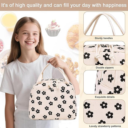 LEDAOU Lunch Box for Women Insulated Lunch Bag Corduroy Lunch Tote Bags Leakproof Cooler Lunch Case for Travel Work Picnic (Black Floral)