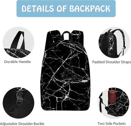 3PCS Marble Backpack Set for Teens Elementary Middle High School, 17 Inch Lightweight Classic Backpack 3 in 1 Set for Girls Boys, Kids Back to School Backpack with Lunch Box Pencil Case