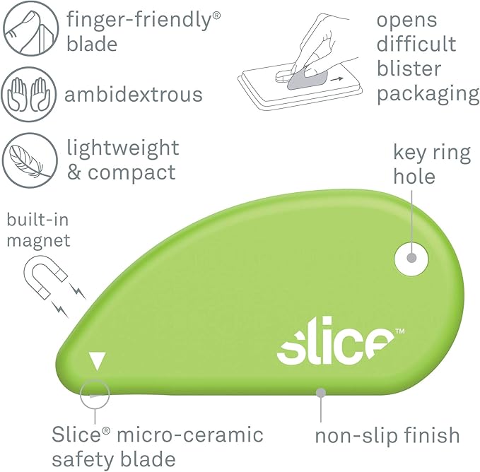 Slice 00100 Ceramic Blade Safety Cutter, Opens Clamshell Packaging, Coupon Cutter, Trim Photos, Scrapbooking, Fits Keychain, Green
