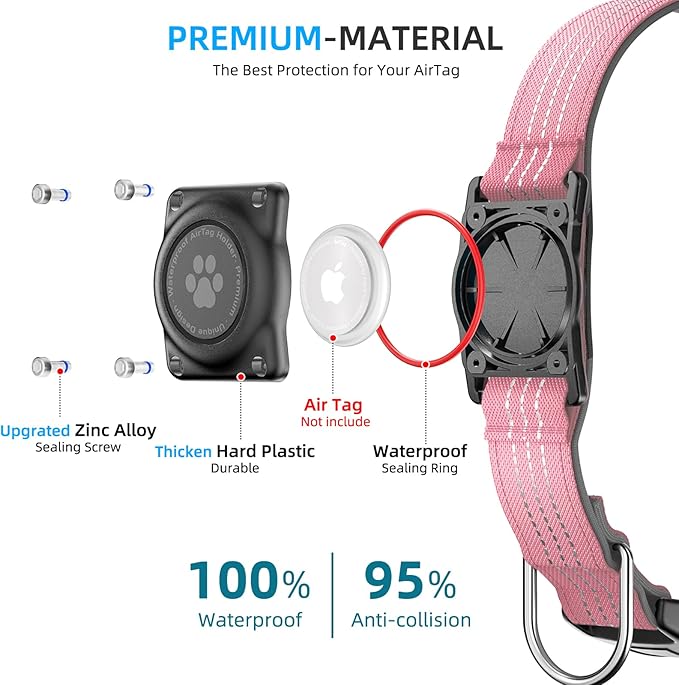 Upgraded AirTag Dog Collar, IP68 Waterproof Air Tag Dog Collar Holder, Reflective, Ultra-Durable, Comfortable Padded, Heavy Duty Dog Collars for Small Medium Large Dogs (XL (15.6"-22"), Pink)