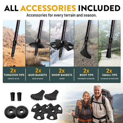 100% Carbon Fiber Trekking Poles by USA Brand - Ultra Strong Lightweight Collapsible Hiking Poles with Cork and EVA Foam Grips & Quick Adjustable Flip Locks