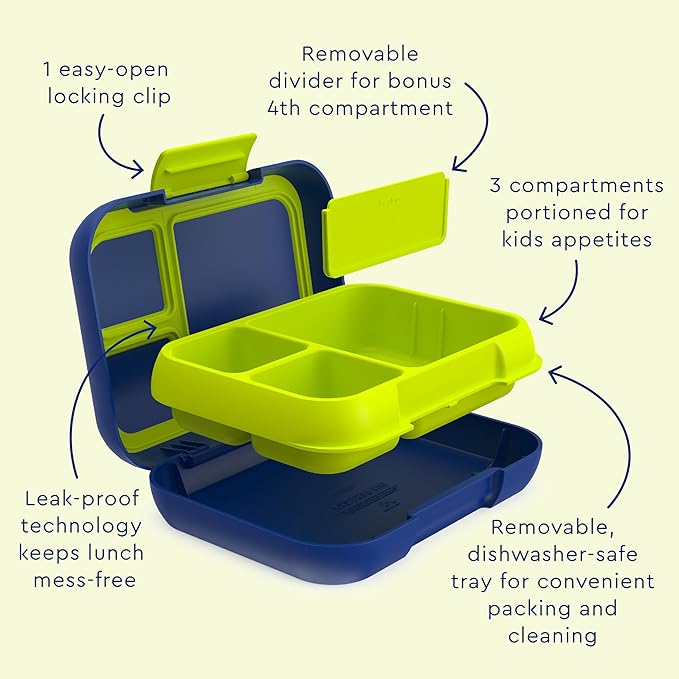 Bentgo Pop - Leak-Proof Lunch Box & Removable Divider for Ages 8+ & Teens - Lunch Container Holds 5 Cups of Food; 3-4 Compartments; Microwave/Dishwasher Safe; 2 Year Warranty (Navy Blue/Chartreuse)