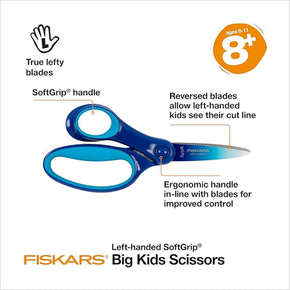 Fiskars 6" Left-Handed Big Kids Scissors for Ages 8-11, Scissors for School or Crafting, Back to School Supplies, Ombre Blue-Turquoise,(Pack of 2)