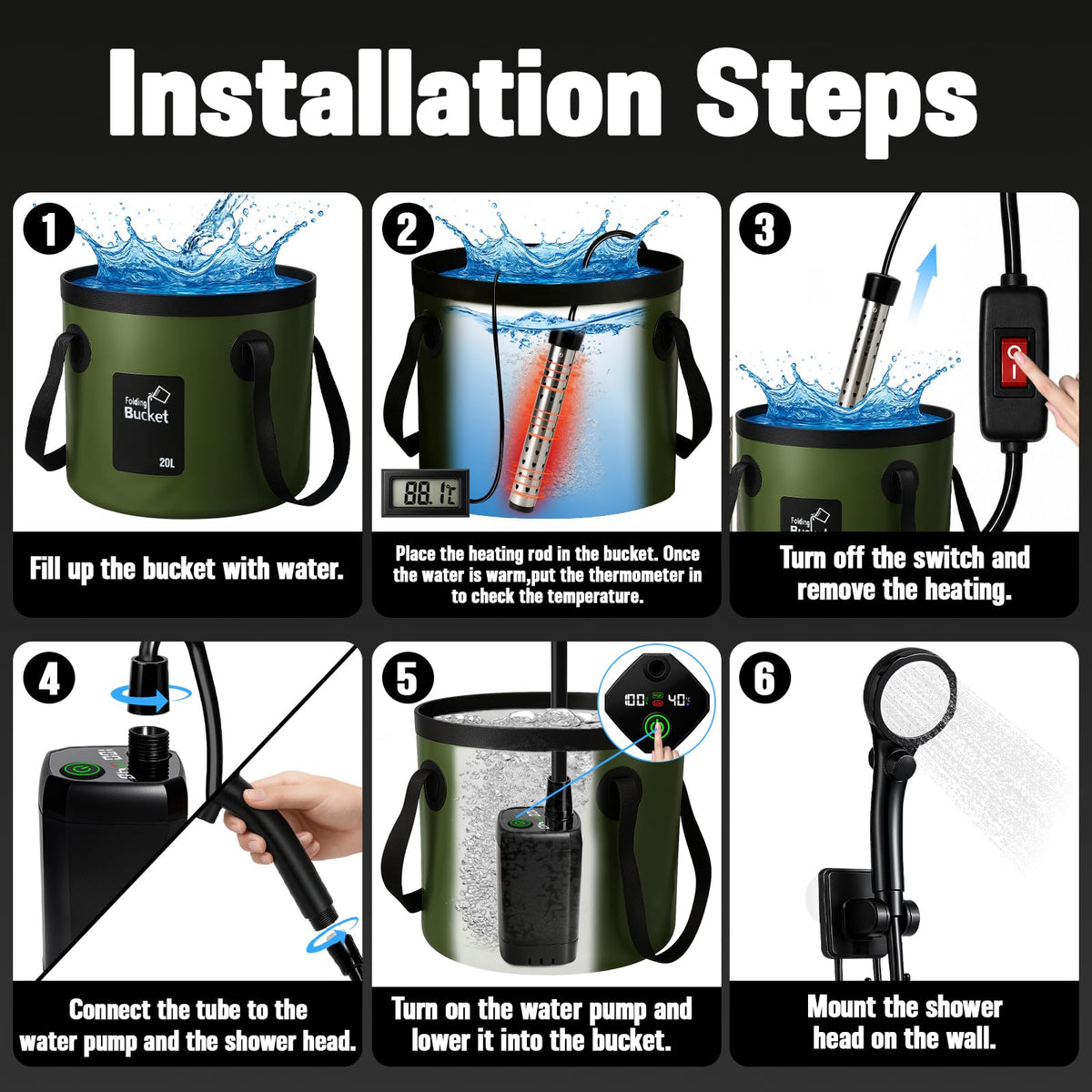 Motivekit™ Portable Camping Shower | 6.6 Gallons Foldable Bucket, 6000mAh Shower Pump, 6' 7" Shower Head, 1500W Immersion Heater, Summer Beach Outdoor Showering Hiking Pet Bath RV Car Wash Water Plant