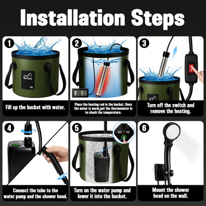 Motivekit™ Portable Camping Shower | 6.6 Gallons Foldable Bucket, 6000mAh Shower Pump, 6' 7" Shower Head, 1500W Immersion Heater, Summer Beach Outdoor Showering Hiking Pet Bath RV Car Wash Water Plant