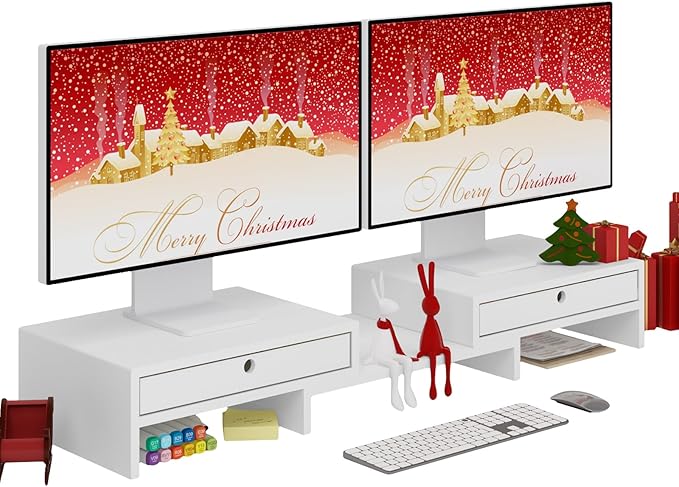 LAPTAIN Wooden Dual Monitor Stand with 2 Drawers, Monitor Stand Riser with Adjustable Length and Angle, Solid Wood Desktop Organizer Stand for Laptop/PC/Computer, No Assembly Required