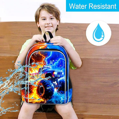 gxtvo 3PCS Kids Truck Backpack for Boys, 17" Boys Bookbag with Lunch Box, Water Resistant Middle Elementary School Bag - Fire & Lightning Truck
