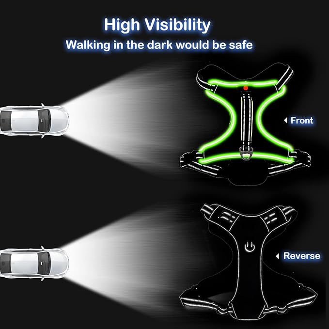 Light Up Dog Harness, No Pull LED Dog Harness with Handle, Rechargeable Lighted Safety Vest for Small Medium Large Dogs, Adjustable Soft Dog Lights for Night Walking