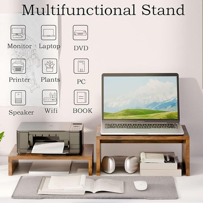 TEAMIX 2 Pack Monitor Stand Riser Rustic Brown,Wood 2 Tier Adjustable Monitor Stand Dual Monitor Riser for 2 Monitors/Laptop/PC Computer Stand Desktop Space Saver…