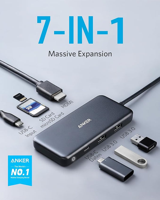 Anker USB C Hub (7-in-1), with 4K HDMI, 85W Power Delivery, USB-C and 2 USB-A 5Gbps Data Ports, microSD and SD Card Reader, for MacBook Air, MacBook Pro, XPS, and More