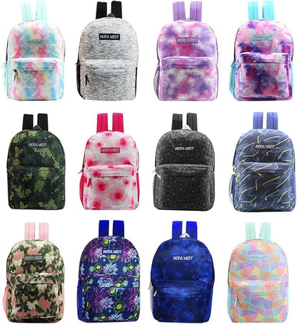 12-Pack 17” Sport Backpacks with 52 Piece School Supplies Kits - Pens, Pencils, Crayons – Bulk Bundle for Elementary, Middle, and High School Students, 12 Assorted Styles