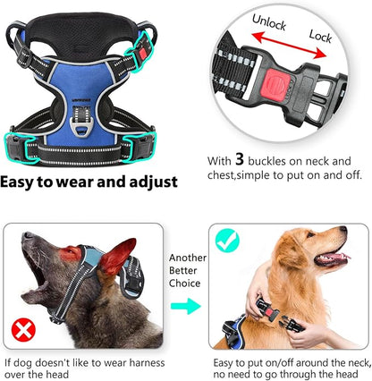 Timos Dog Harness for Medium Dogs, No Pull Service Vest with Reflective Strips and Control Handle,No Choke Dog Harness with 2 Metal Rings for Easy Walking,Outdoor Training,Blue, M
