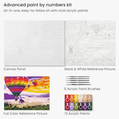 Arteza Paint by Number for Adults, 12x16 Inches, 21 Pieces, Hot-Air Balloon Paint by Numbers Kit, Comes with 1 Canvas Panel, 12 Acrylic Paint Pots, 5 Paintbrushes, Art Supplies for Home & Office Decor
