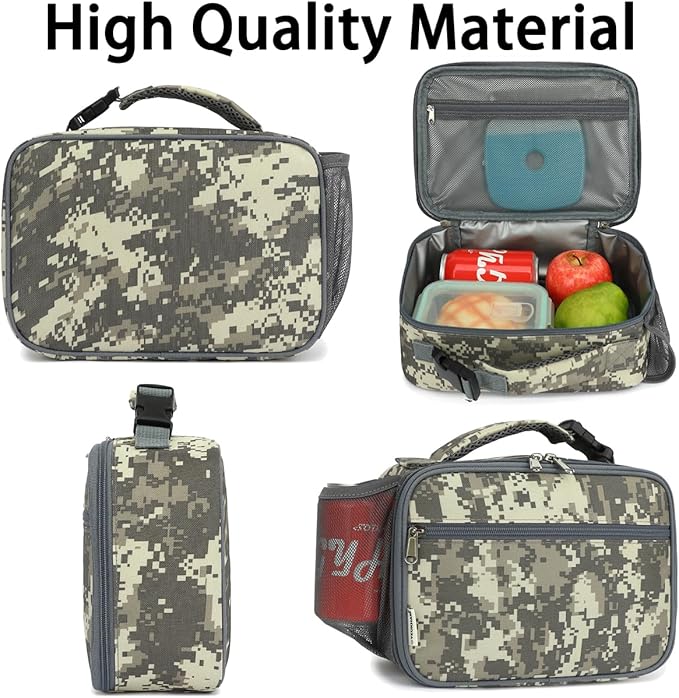 Insulated Lunch Box for School, Thermal Reusable Durable Freezable Lunch Bags for Kids Boys Girls Men Women - Small Soft Cooler Portable Lunch Tote Kit for Work Picnic Travel,Grey Camo