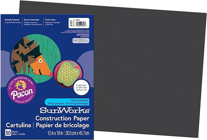 SunWorks® Construction Paper, Black, 12" x 18", 50 Sheets Per Pack, 5 Packs