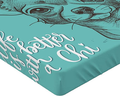 Ambesonne Chihuahua Fitted Sheet, Face Sketch of Dog with Hat and Life is Better with a Chi Words, Bed Cover with All-Round Elastic Deep Pocket for Comfort, Full Size, Seafoam Taupe and White