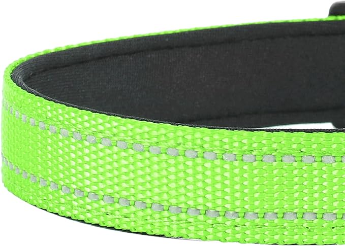Reflective Dog Collar, Adjustable Soft Neoprene Padded Nylon Pet Collars with Buckle for Large Dogs, Green,L