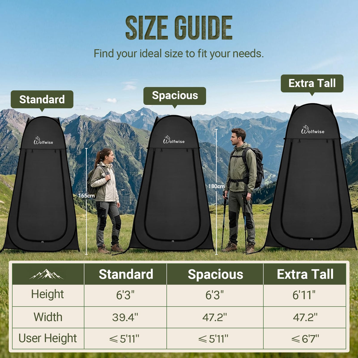 Wolfwise Pop Up Shower Tent for Camping Essentials, Portable Instant Changing Tent with Ventilation Window & Carry Bag, Privacy Dressing Room Bathroom Toilet for Beach, Outdoor, Standard, Black