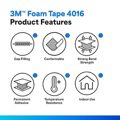 3M 4016 Double Coated Urethane Foam Tape (1/16 thick), 0.75" Wide, 5 yd. Length, White (1 roll)