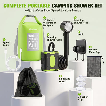 2026 Portable Shower For Camping With Waterproof Dry Bag,10000mAh Rechargeable Portable Camping Shower With Intelligent LED Display, Portable Electric Shower Pump 4 Spray, Outdoor Camping Water Pump