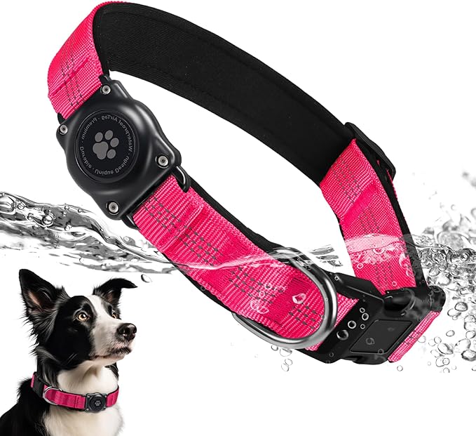 Upgraded AirTag Dog Collar, IP68 Waterproof Air Tag Dog Collar Holder, Reflective, Ultra-Durable, Comfortable Padded, Heavy Duty Dog Collars for Small Medium Large Dogs (L (14.8"-20.3"), Hotpink)
