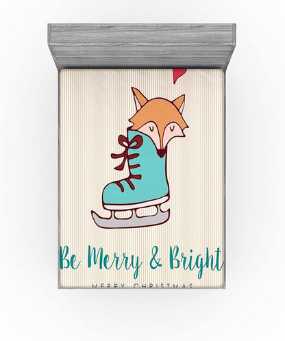 Ambesonne Christmas Fitted Sheet, Merry Calligraphy with Little Fox in Ice Skate Boot Heart on Stripes, Bed Cover with All-Round Elastic Deep Pocket for Comfort, Full Size, Beige Seafoam and Amber