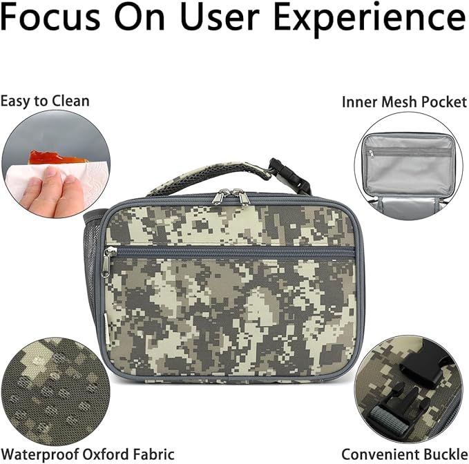 Insulated Lunch Box for School, Thermal Reusable Durable Freezable Lunch Bags for Kids Boys Girls Men Women - Small Soft Cooler Portable Lunch Tote Kit for Work Picnic Travel,Grey Camo