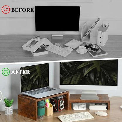 TEAMIX 2 Pack Monitor Stand Riser Rustic Brown,Wood 2 Tier Adjustable Monitor Stand Dual Monitor Riser for 2 Monitors/Laptop/PC Computer Stand Desktop Space Saver…