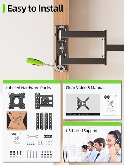 USX MOUNT Full Motion TV Wall Mount for 26-60 inch up to 77 lbs, Single Stud Corner TV Mount Bracket with Swivel Tilt Articulating, Monitor Wall Bracket Fit Max VESA 400x400mm