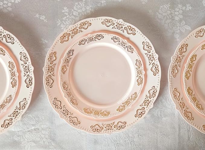 " OCCASIONS " 50 Plates Pack (25 Guests) Vintage Wedding Party Disposable Plastic Plate Set -25x10.25'' Dinner +25x7.5'' Salad/Dessert plates (Portofino Light Pink & Gold Accents)
