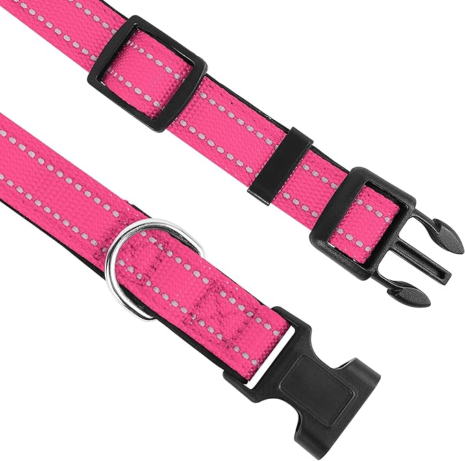 Reflective Dog Collar, Adjustable Soft Neoprene Padded Nylon Pet Collars with Buckle for Large Dogs, Hotpink,L