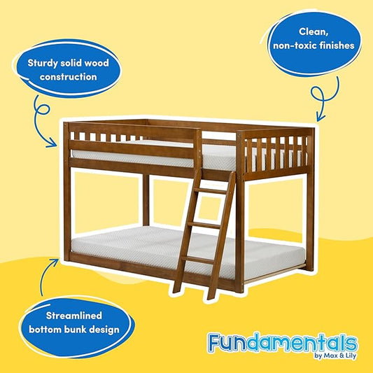 Max & Lily Fundamental Twin Low Bunk Bed, Kids Solid Wood Modern Bed Frame with Strong Wooden Slats, Non-Toxic Finishes, High Weight Capacity, Pecan