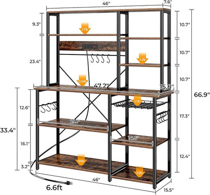 SUPERJARE Larger Bakers Rack with Power Outlets, 6-Tier Microwave Stand, Coffee Bar with 12 S-Shaped Hooks, Kitchen Shelf with Wire Basket, 47.2 x 15.5X 66.9 Inches, Rustic Brown